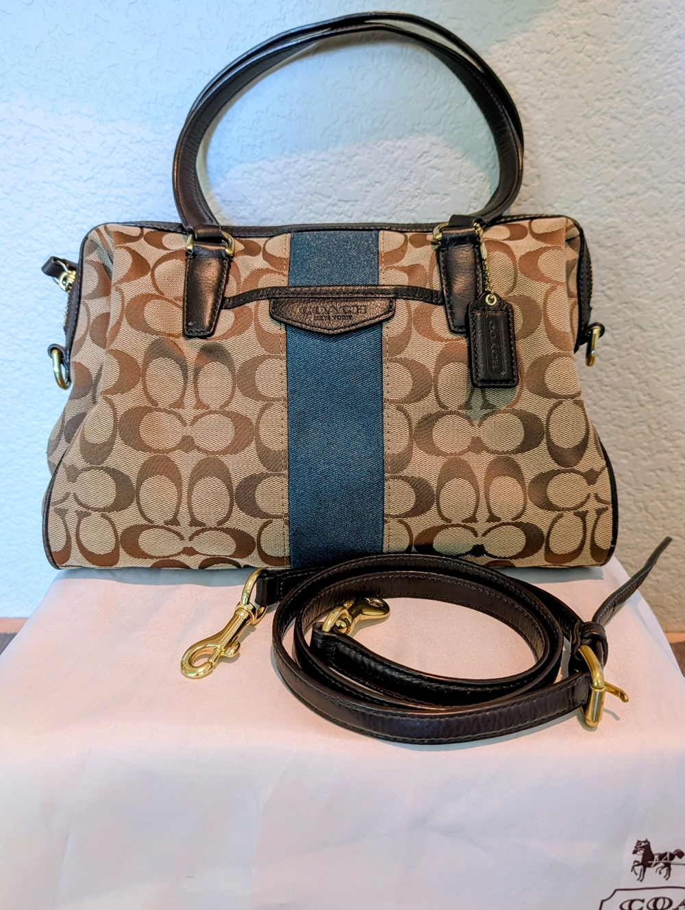 COACH, Brown Racing Stripe, Nancy Satchel Handbag With Crossbody Strap